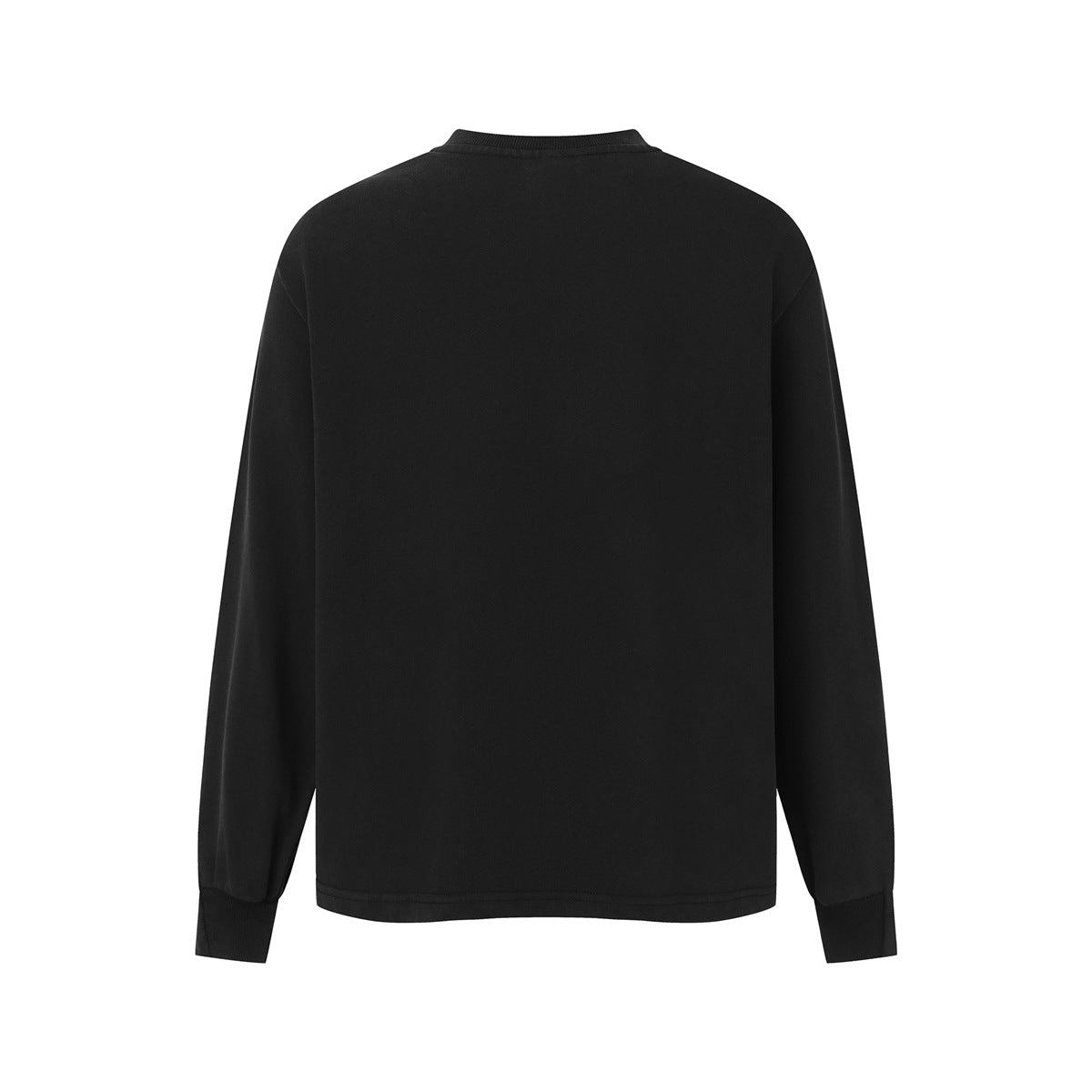 Back view of a plain black crewneck sweatshirt with long sleeves and ribbed cuffs.