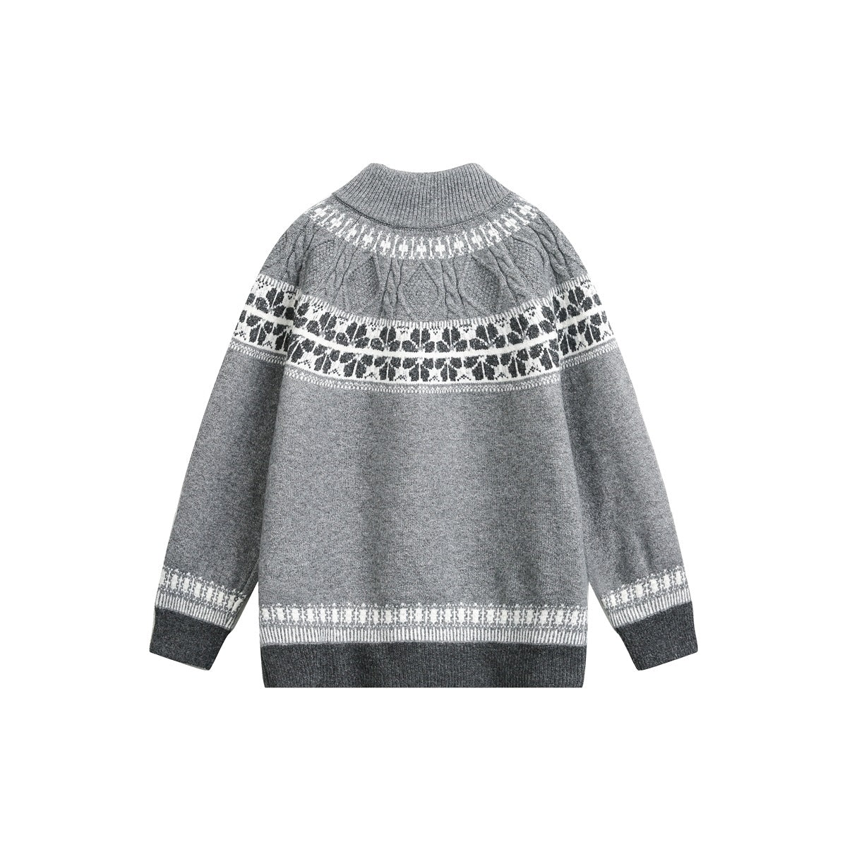 Back view of a light gray knit sweater with a high ribbed collar, white and dark patterned yoke and cuffs, and dark ribbed