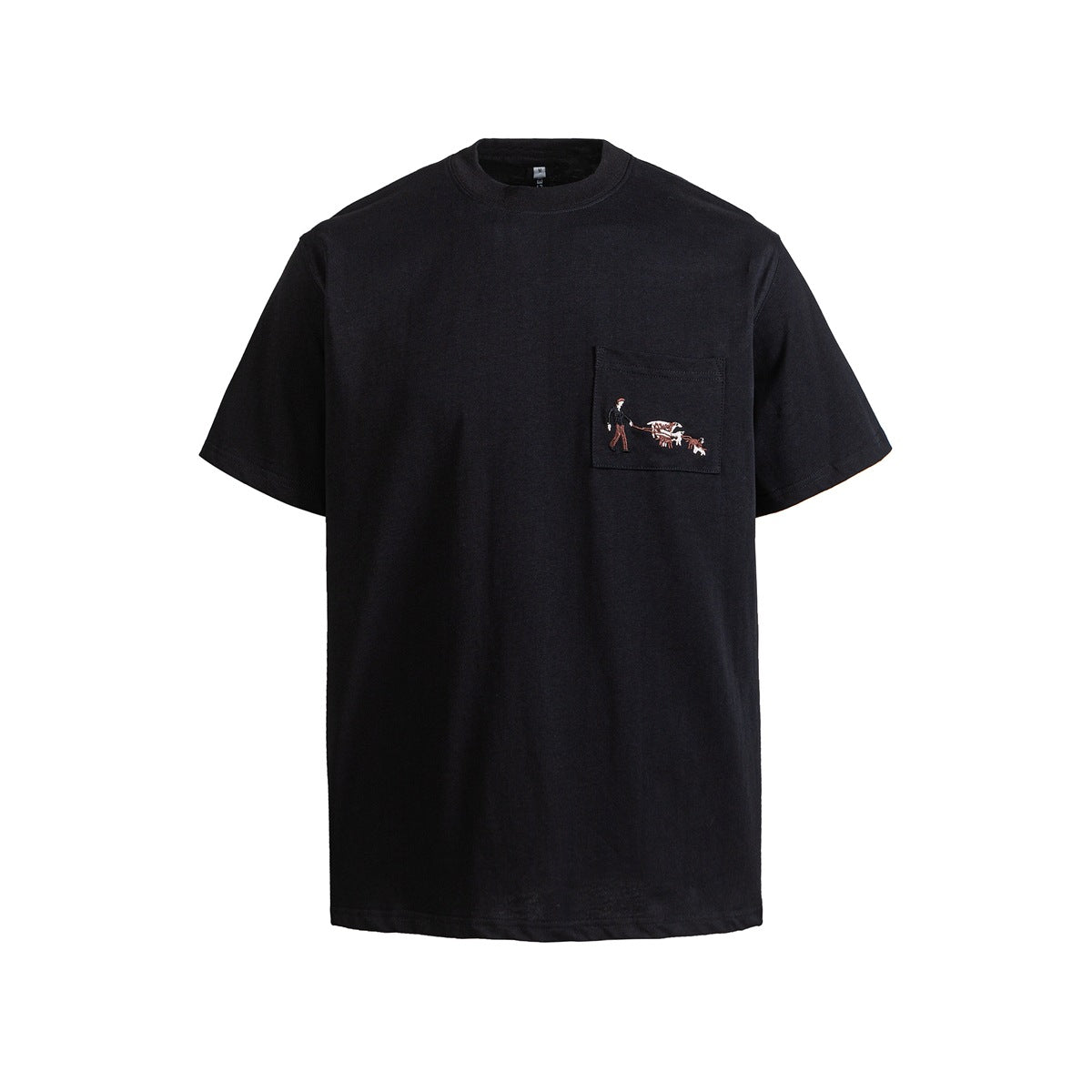 Black crew neck T-shirt front with chest pocket embroidered with a person walking dogs
