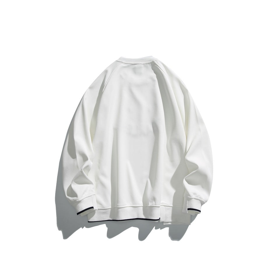 Back of a white crewneck sweatshirt with raglan sleeves, ribbed cuffs and hem, and narrow black cuff and hem stripes.
