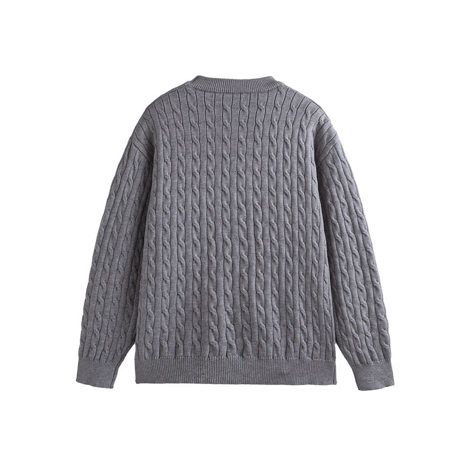 Back view of a gray cable-knit crewneck sweater with ribbed trim.