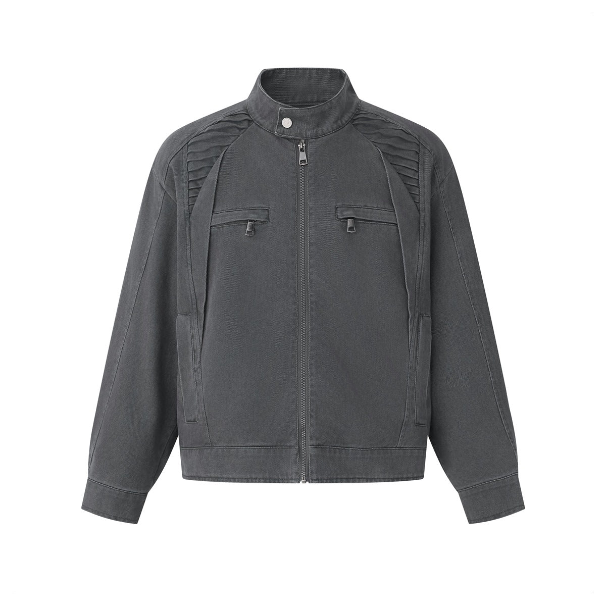Dark gray stand-collar zip jacket with pleated shoulders and zippered chest pockets, front flat view