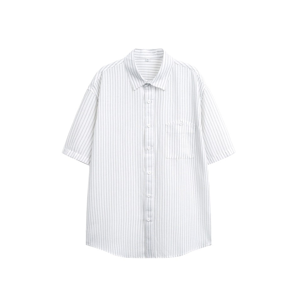 White short-sleeve button-up shirt with gray vertical stripes, chest pocket and pointed collar, front flat lay