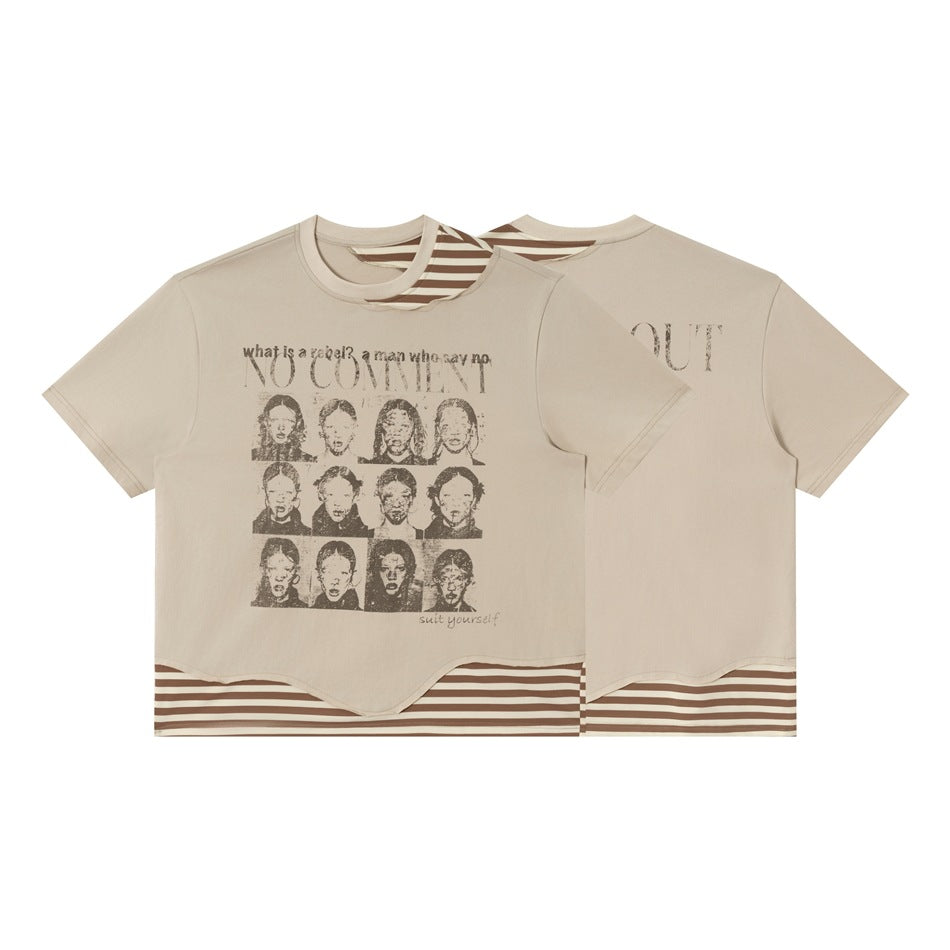 Beige graphic T-shirt shown from the front and back, with brown-and-cream striped panels and distressed portrait artwork.