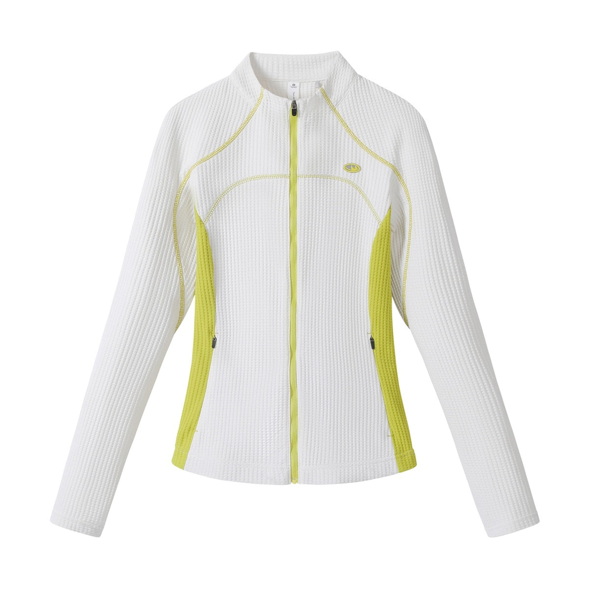 White waffle-textured full-zip jacket with yellow-green side panels, zipper and stitching, flat front view