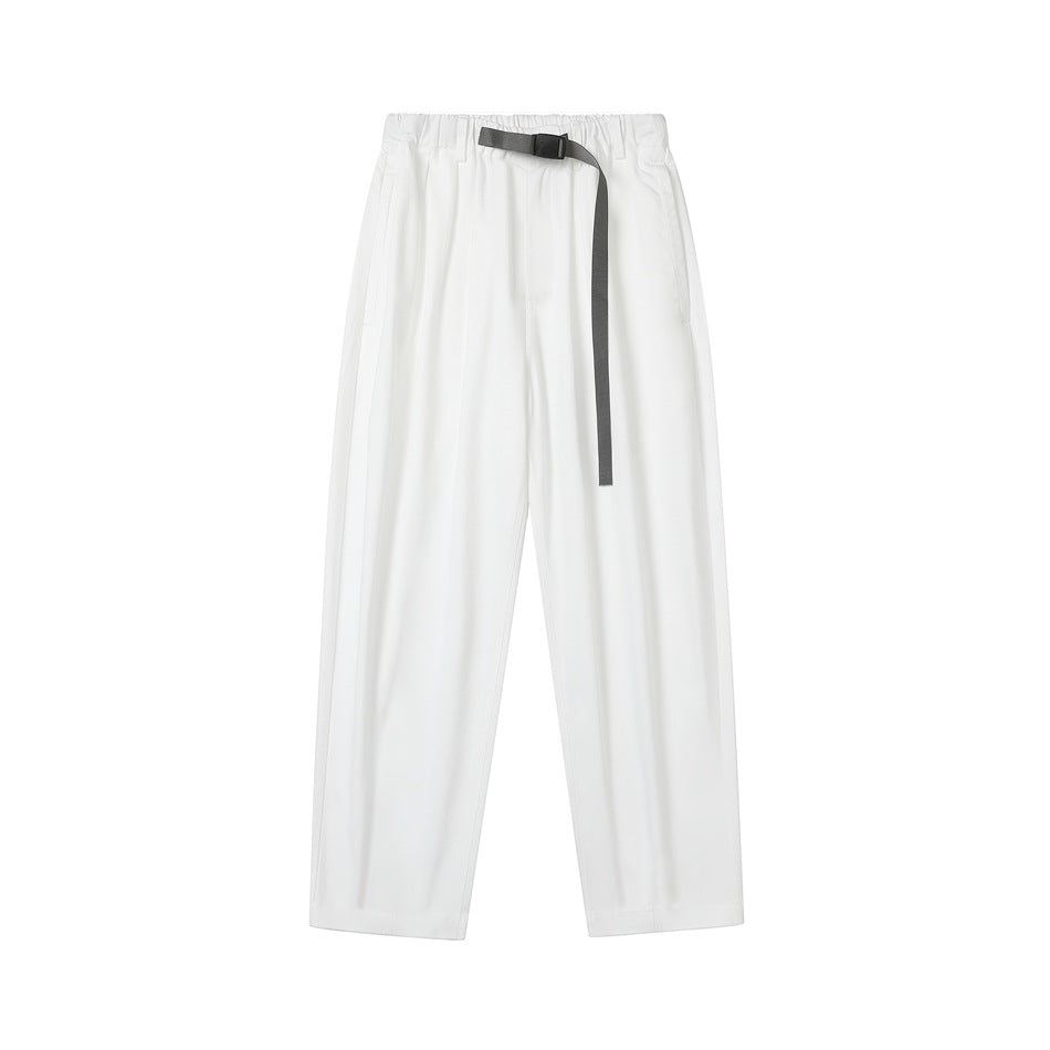 White wide-leg pants with elastic waist and gray webbing belt, flat lay front view