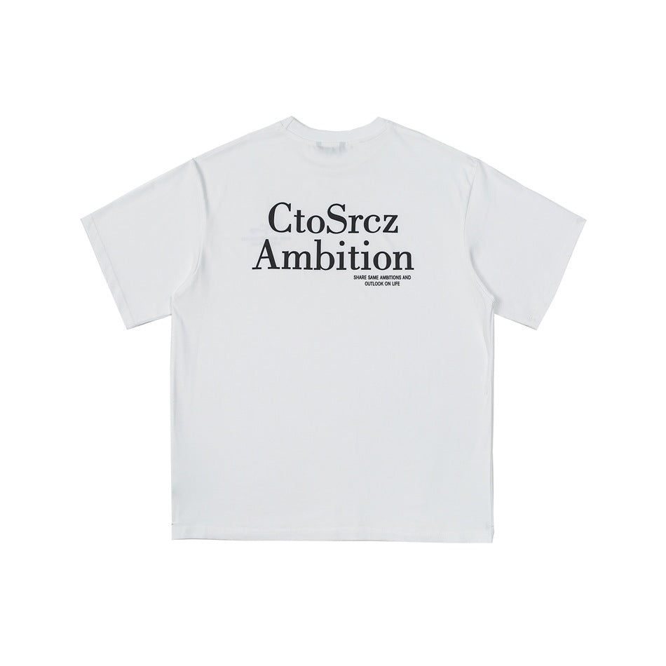 White short-sleeve T-shirt back with large black serif lettering print and small text below
