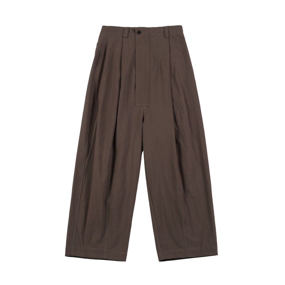 Coffee brown wide-leg pleated trousers, flat lay front view with button closure and belt loops