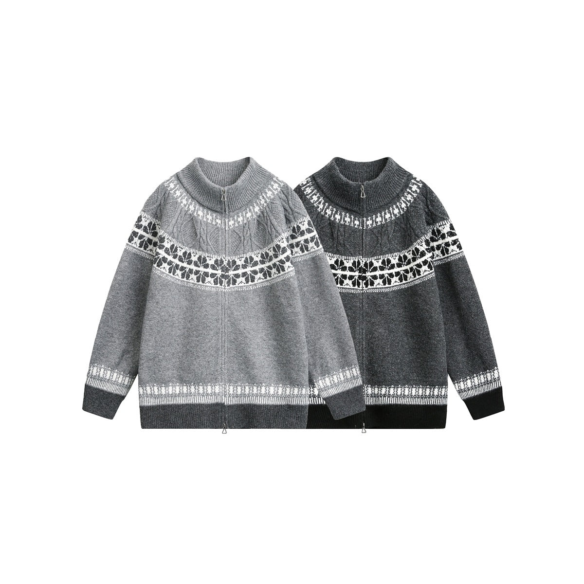 Two zip-up knit cardigans shown side by side in light gray and charcoal, both with contrasting patterned bands.