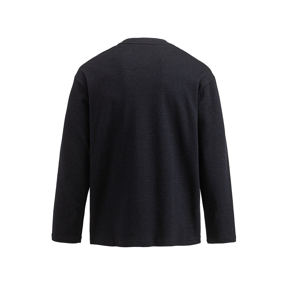 Back view of a plain black long-sleeve crew-neck shirt on a white background.