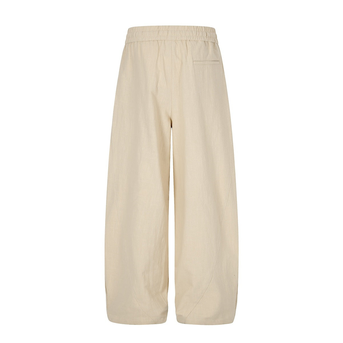 Back view of light beige wide-leg trousers with a gathered waistband and a small rear pocket.
