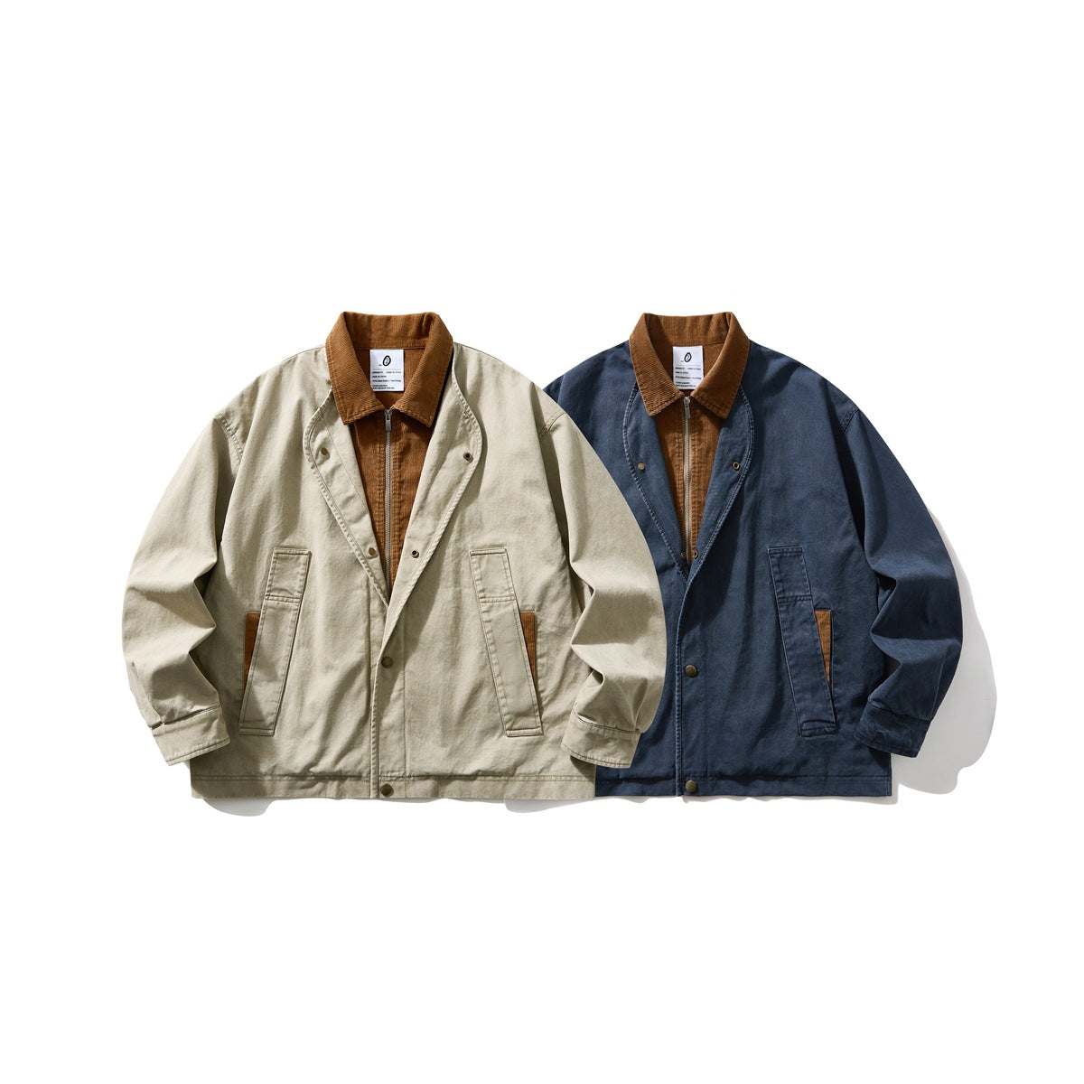 Two jackets shown from the front: one beige and one navy, both with brown collars and front pockets.