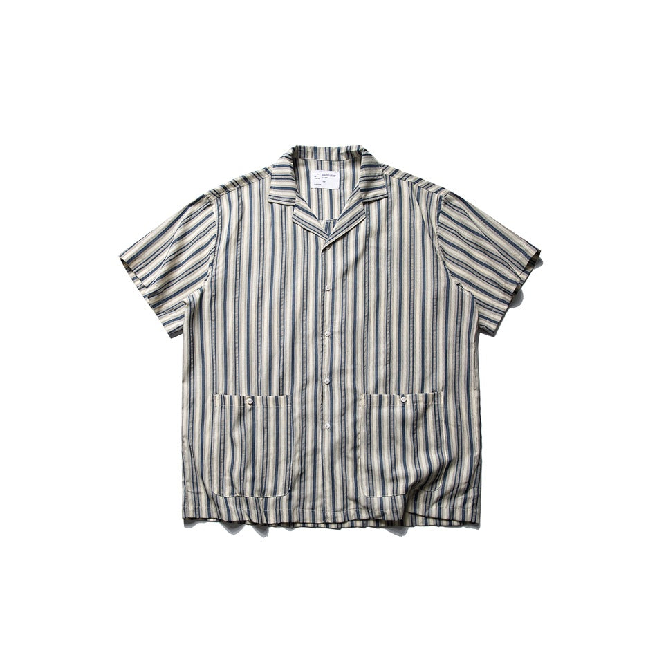 Blue and cream vertical-striped short-sleeve camp collar shirt with two front patch pockets, flat lay