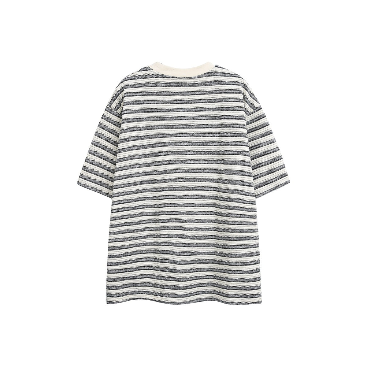 Back view of beige and gray striped short-sleeve crew neck tee with cream collar, flat lay