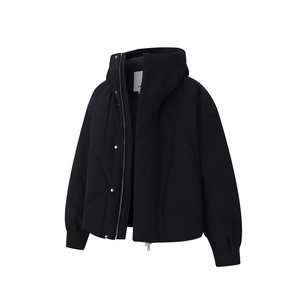 Black hooded short puffer jacket shown from a three-quarter front angle with front zip, snaps and ribbed cuffs