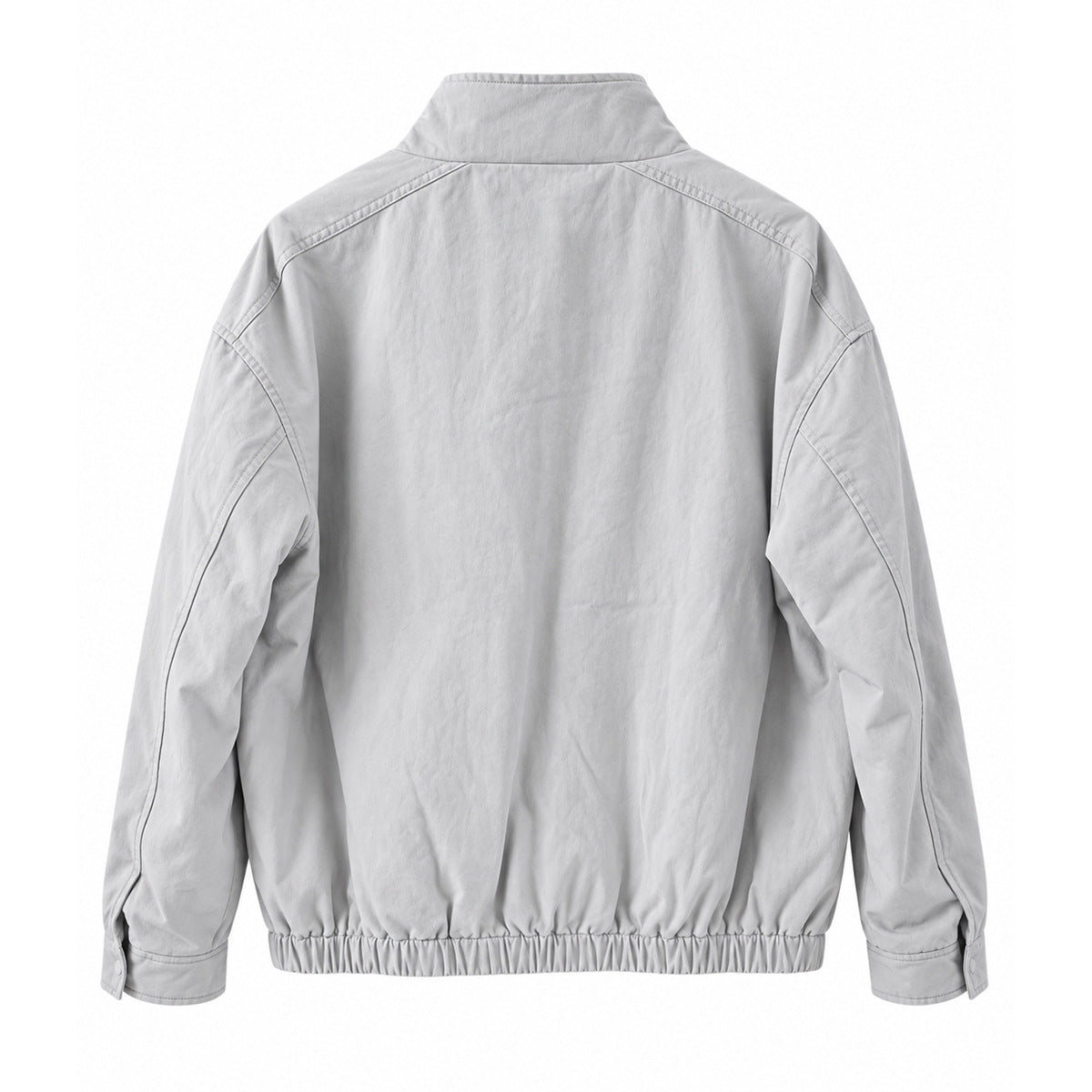 Back view of a light gray jacket with a stand collar, curved shoulder seams, and elasticized hem.