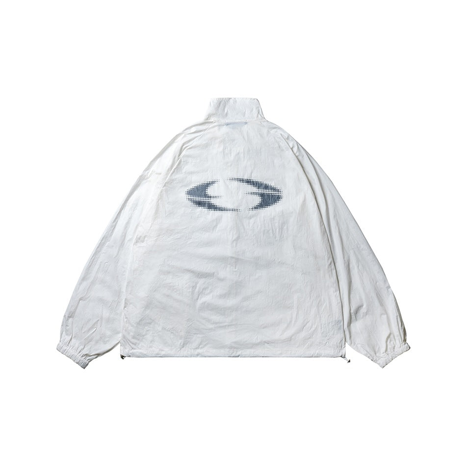 Back view of a white stand-collar jacket with a large gray halftone oval graphic and elasticated cuffs