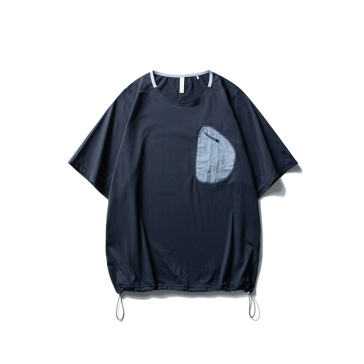 Navy short-sleeve T-shirt with light blue asymmetric zip chest pocket and drawcord hem