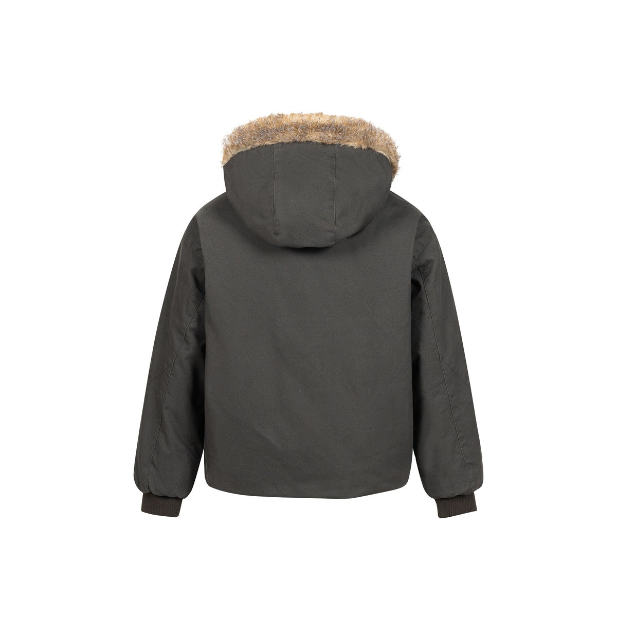 Back view of an olive green hooded jacket with faux-fur-style hood trim and dark ribbed cuffs