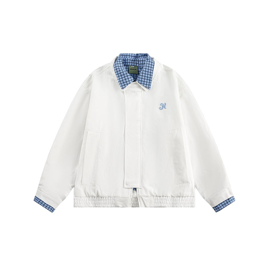 White cropped jacket with blue checked collar and cuffs, front placket, pockets and small blue N embroidery