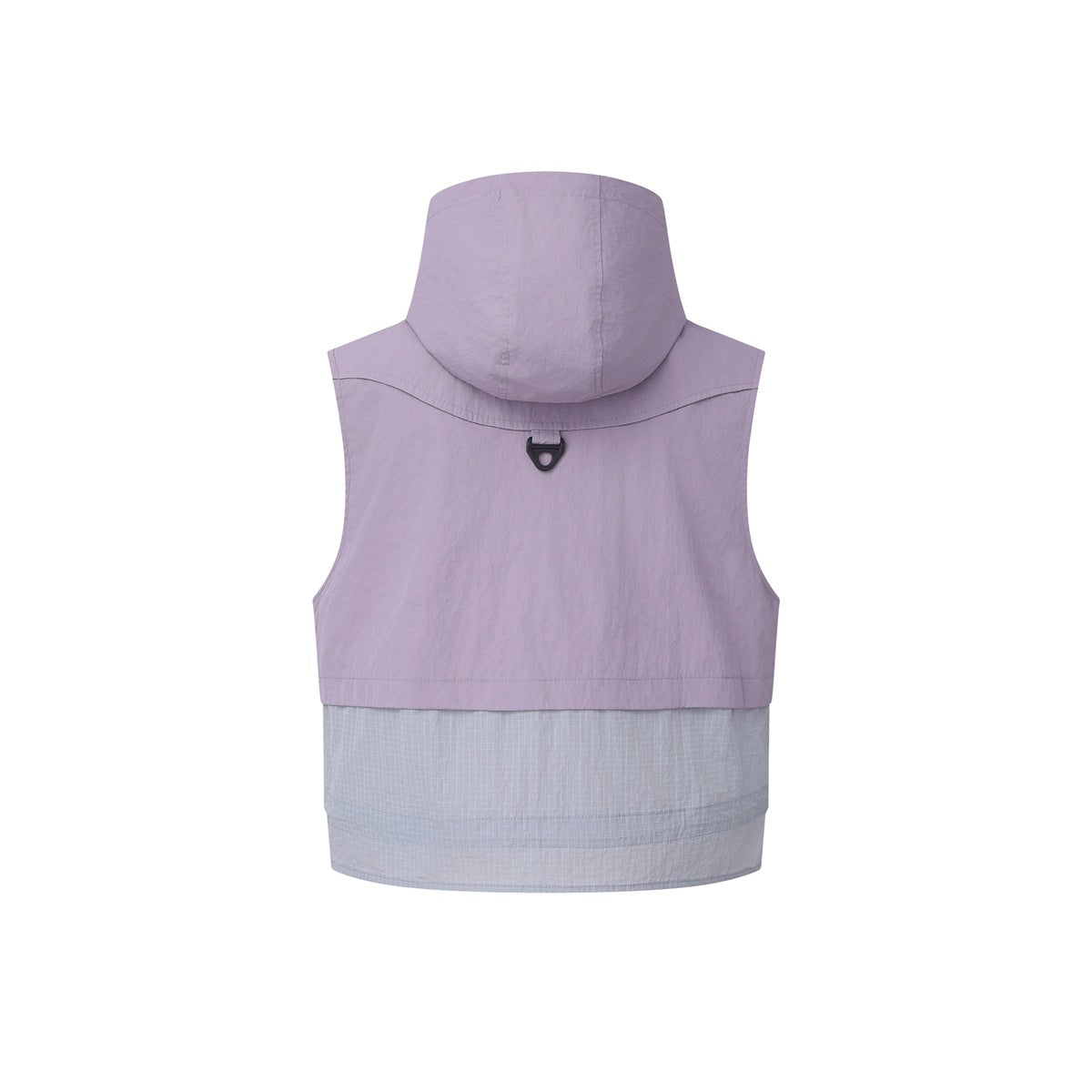 Back view of a lavender sleeveless hooded vest with a pale gray grid-patterned lower panel.