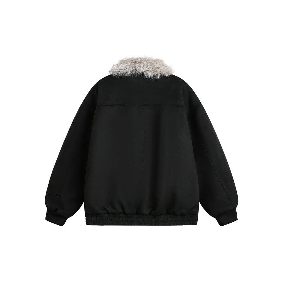 Back view of a black jacket with a light gray fur collar, long sleeves, and an elasticized hem.