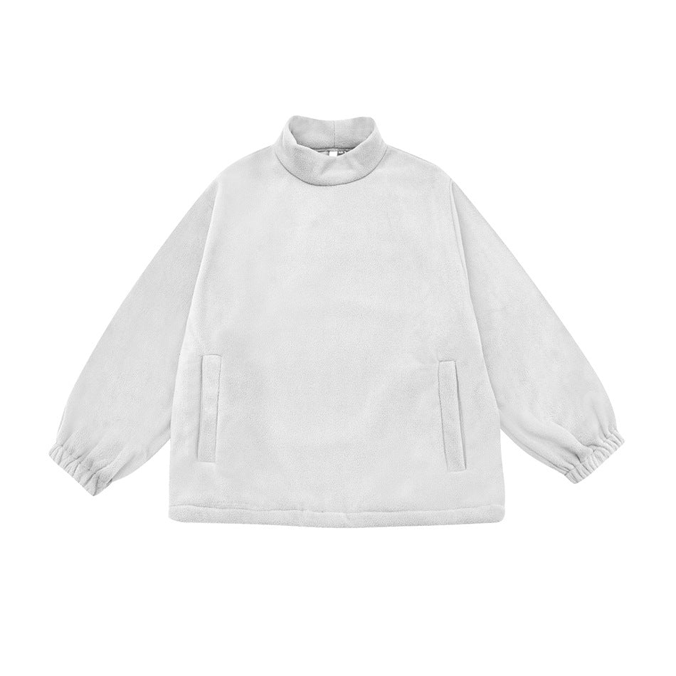 White mock-neck fleece-textured pullover with elastic cuffs and two slit pockets, flat lay front view