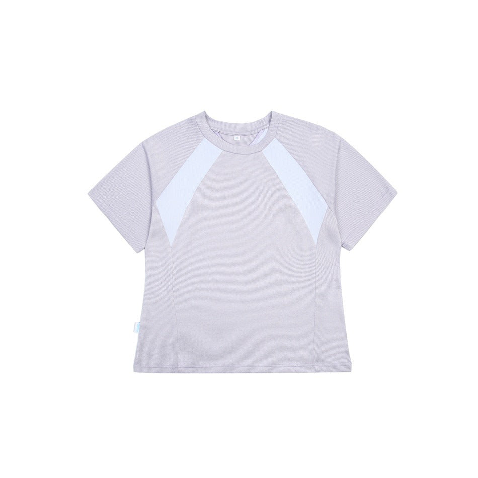 Light purple short-sleeve raglan T-shirt with pale blue contrast shoulder panels, flat lay front view