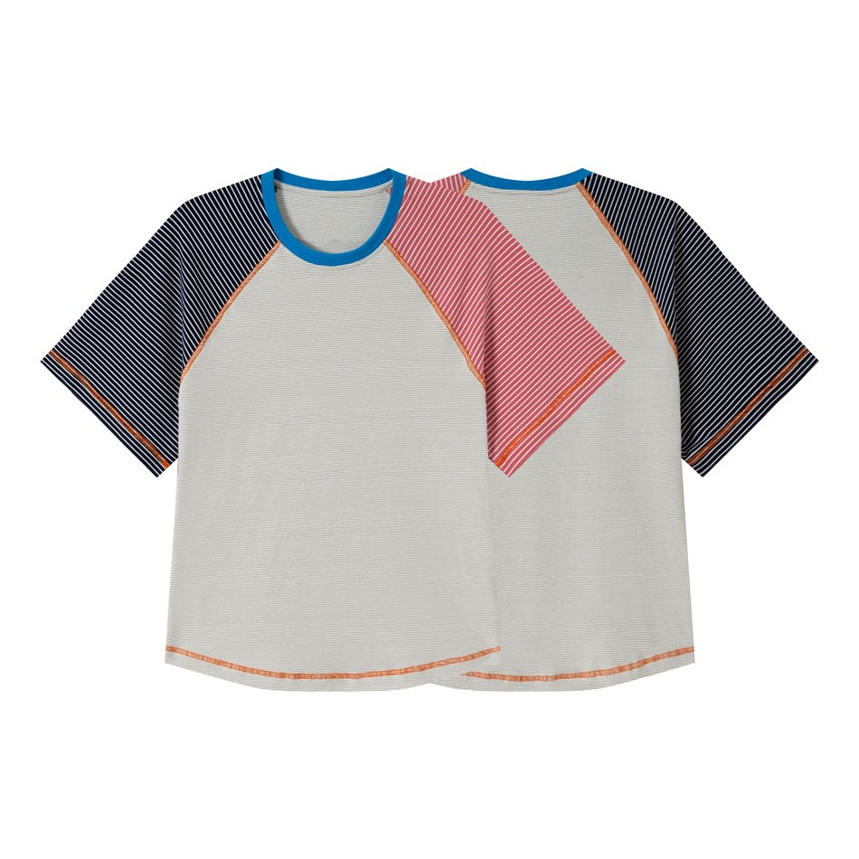 Front and back views of a striped raglan T-shirt with a gray body, navy and pink sleeves, blue collar, and orange seams.
