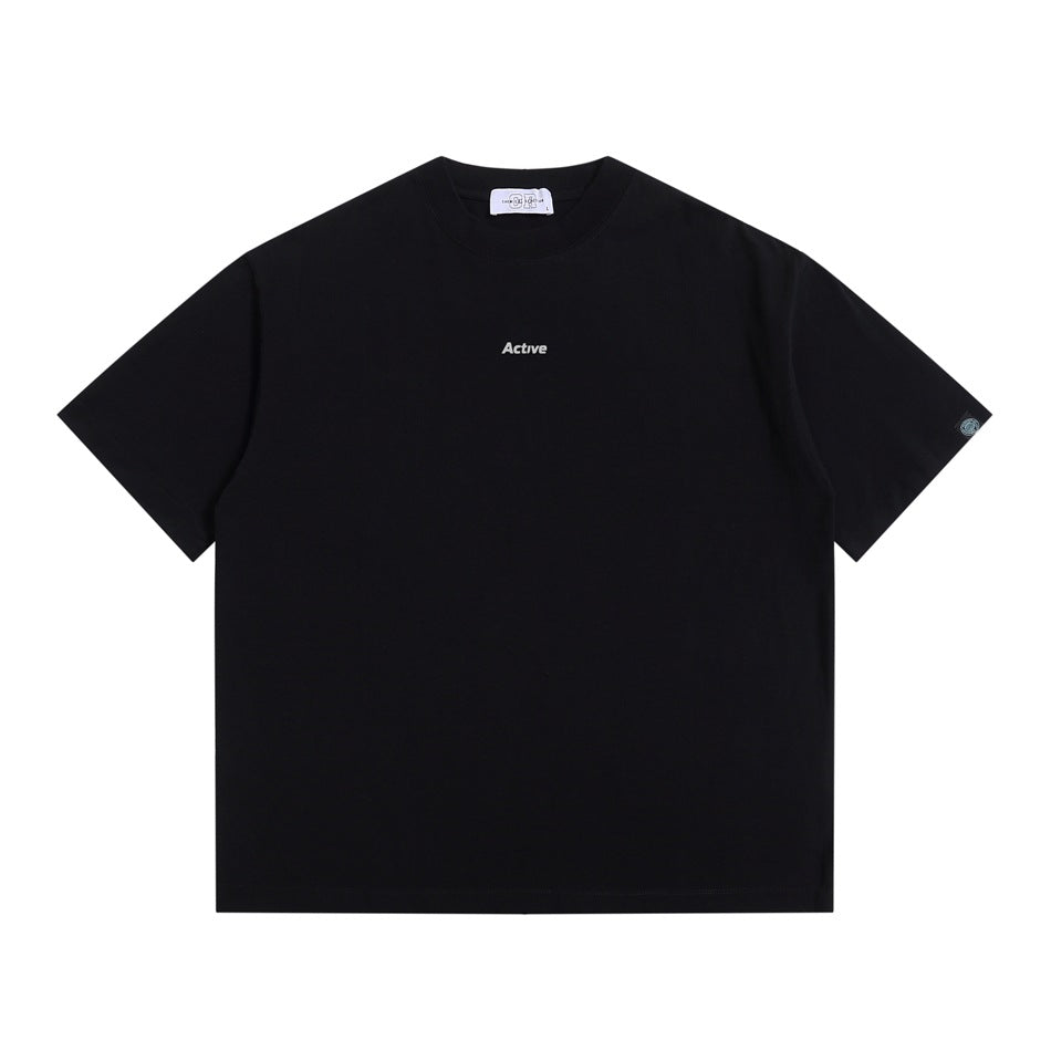 Black short-sleeve crew-neck T-shirt flat lay with a small 'Active' print on the chest and a sleeve patch