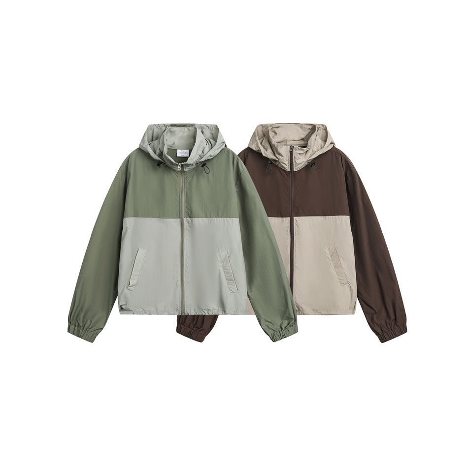 Two hooded color-block jackets shown side by side in olive and light gray, and brown and beige.