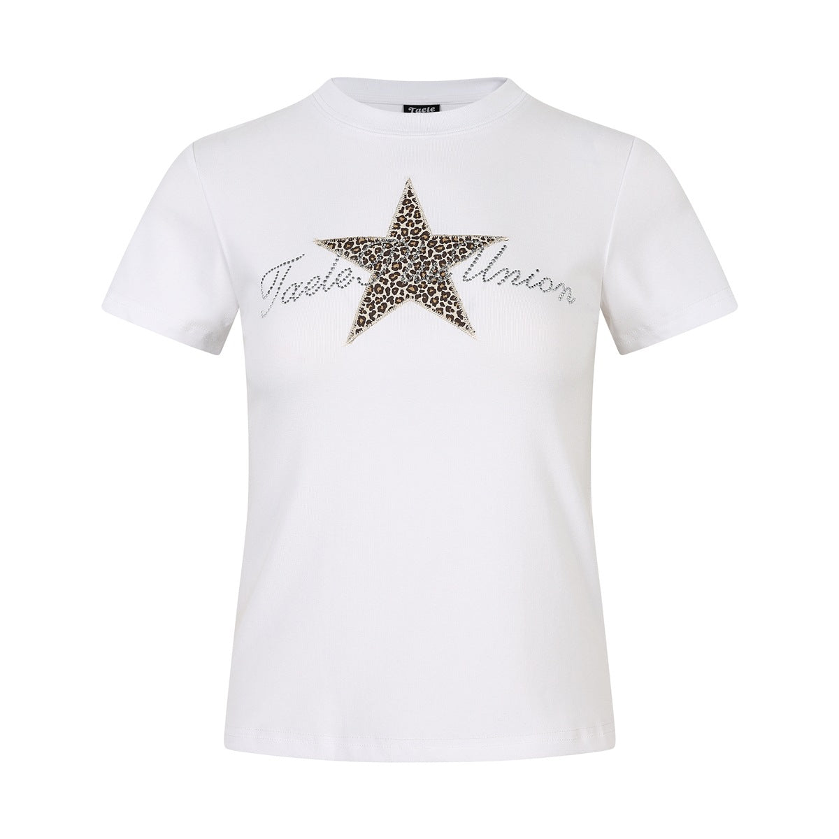 White short-sleeve crew-neck T-shirt with leopard-print star patch and rhinestone script lettering, flat front view