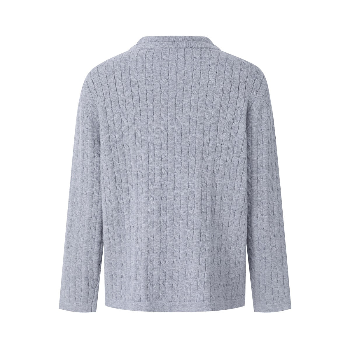 Back view of a light gray long-sleeve sweater with an all-over vertical cable-knit pattern.
