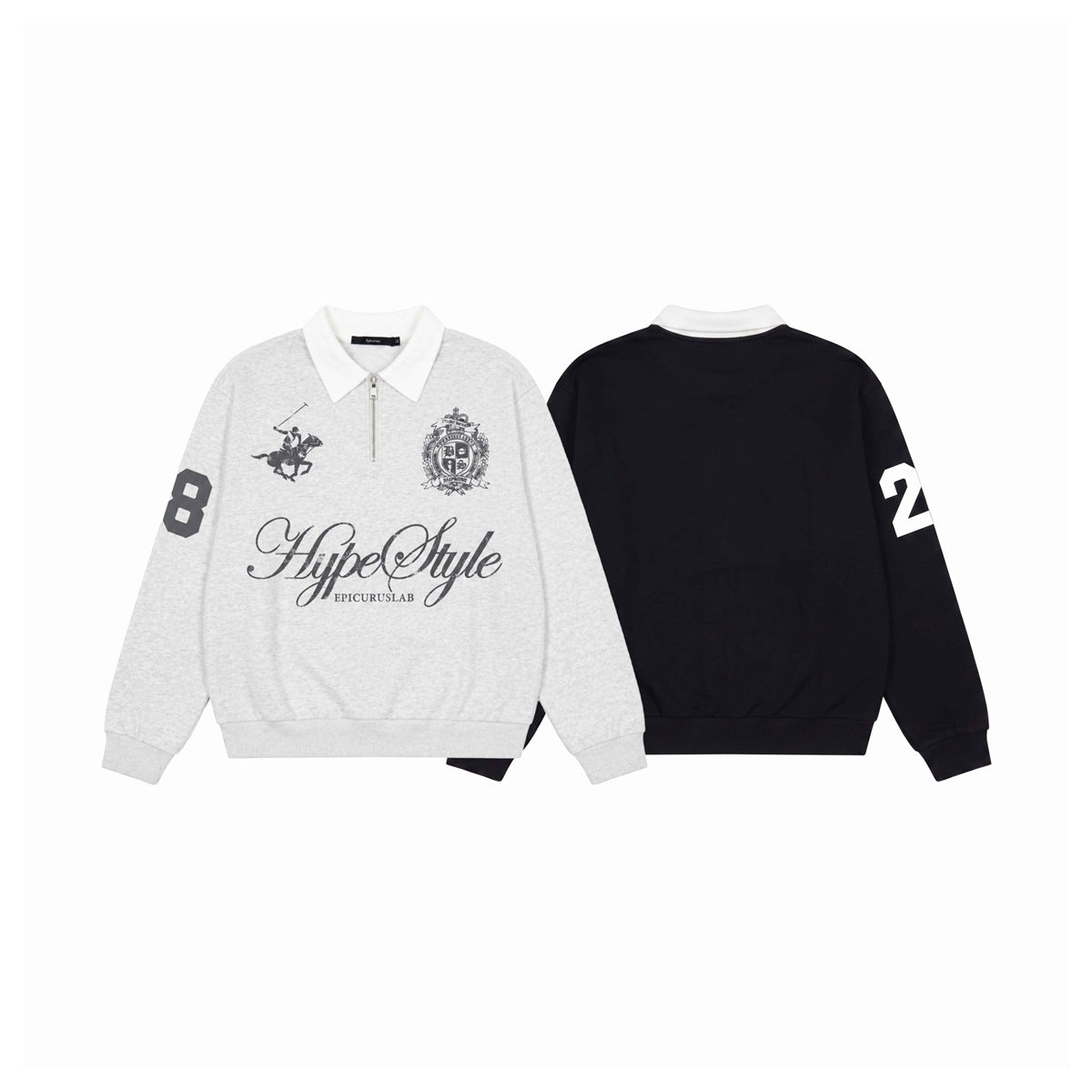 Front and back views of a sweatshirt with a light gray printed front, black back, white collar, and contrasting sleeve