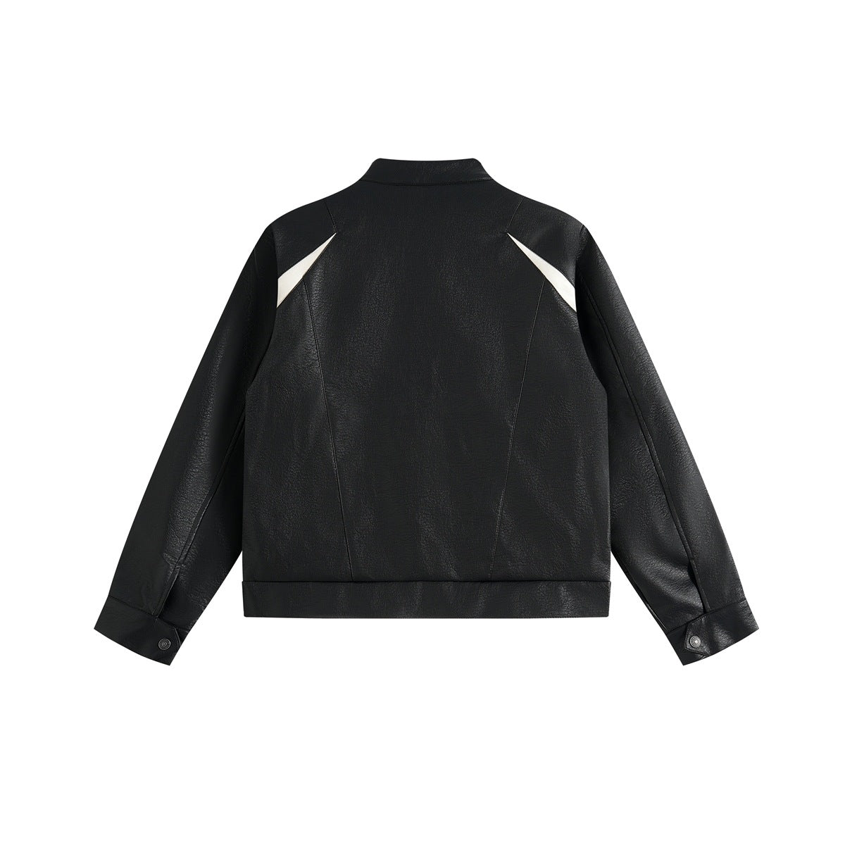Back view of a black jacket with long sleeves, a banded hem and small white shoulder accents.