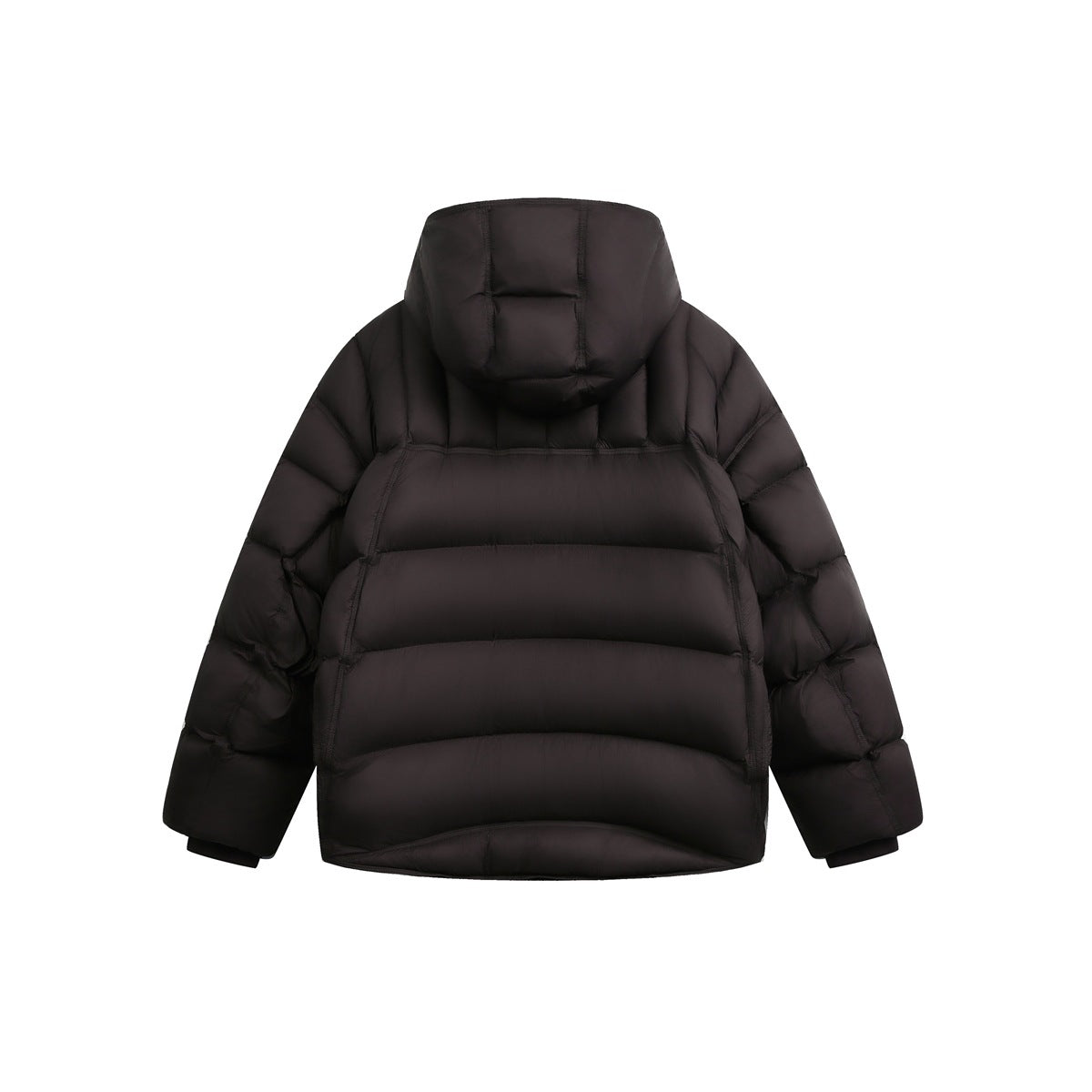 Back view of a black hooded puffer jacket with horizontal quilted panels.