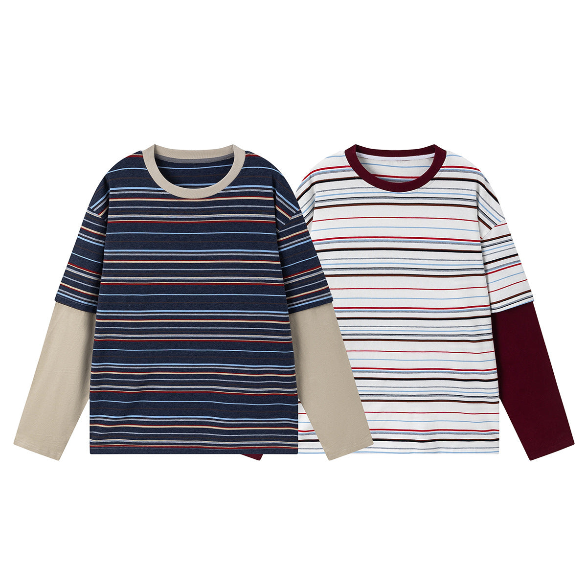 Two long-sleeve layered shirts: navy with beige sleeves and trim, and white with burgundy sleeves and trim; both are striped.