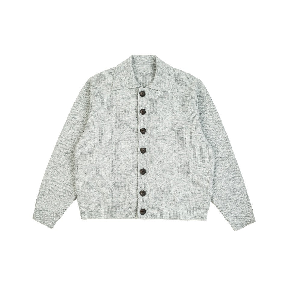 Heather gray knit button-front cardigan with collar and dark buttons, flat front view