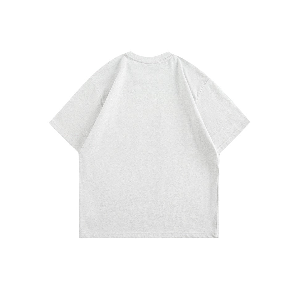 Back view of a plain heather gray short-sleeve crew-neck T-shirt with dropped shoulders