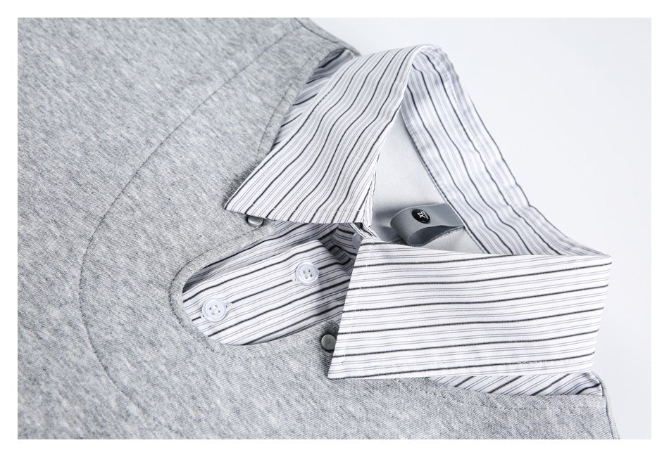 Close-up of a gray top's striped collar, neckline, and buttoned placket.