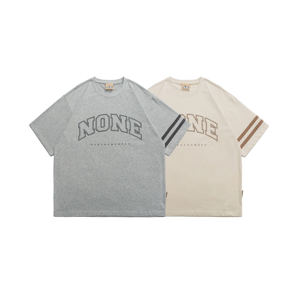Gray and cream short-sleeve T-shirts with large outlined chest lettering and contrasting sleeve stripes.