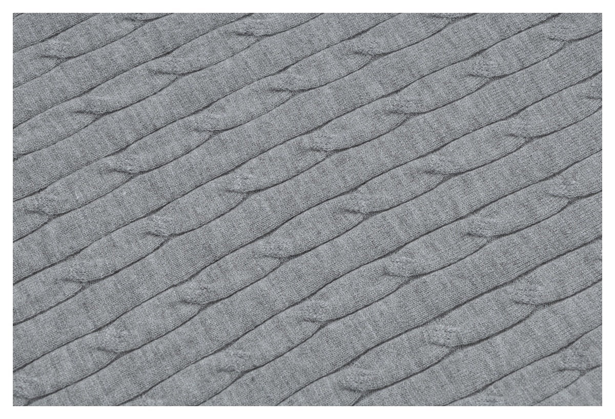Close-up of the gray top's repeating vertical cable-knit pattern.