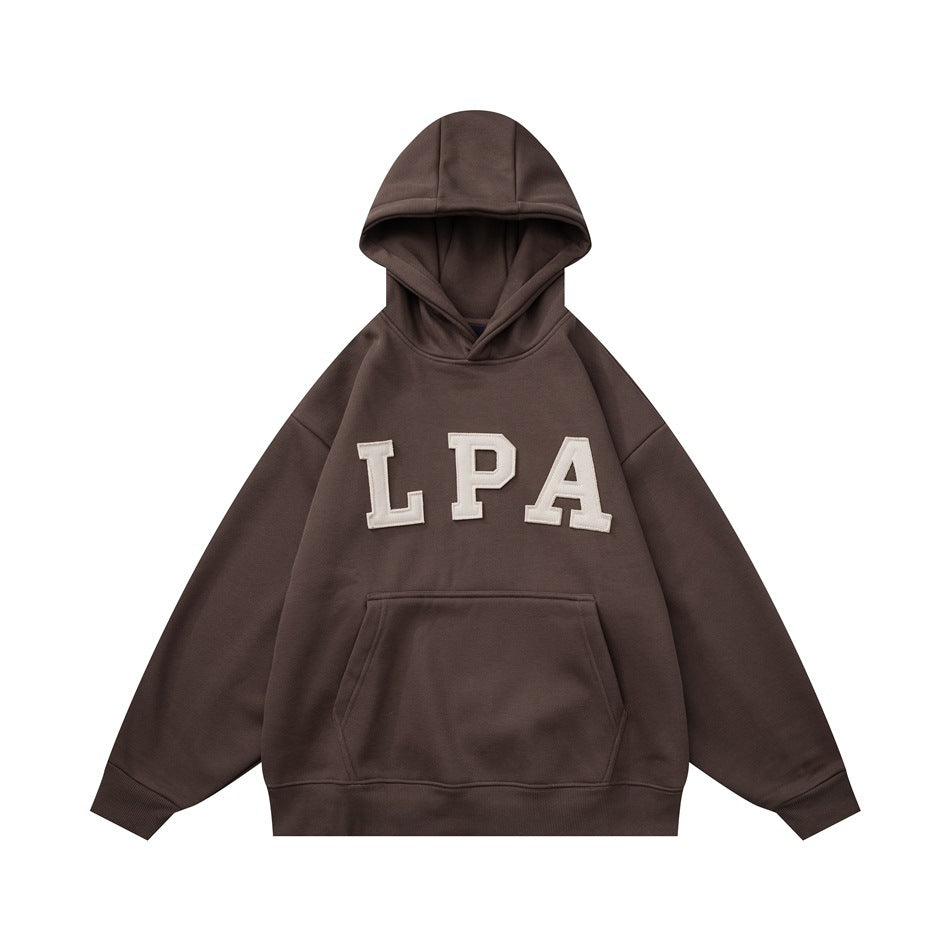 Coffee brown pullover hoodie with cream LPA appliqué letters across the chest and a front kangaroo pocket