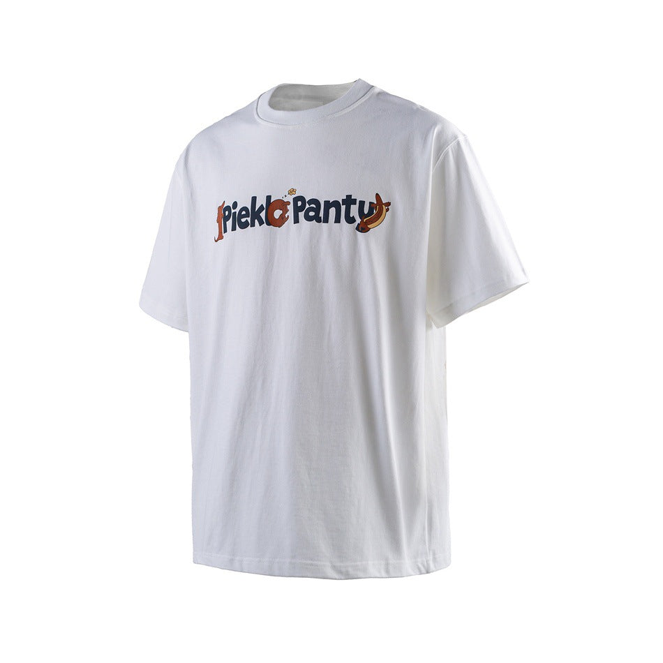 White short-sleeve crew-neck T-shirt with a 'Piekl Panty' chest graphic, shown flat at an angle