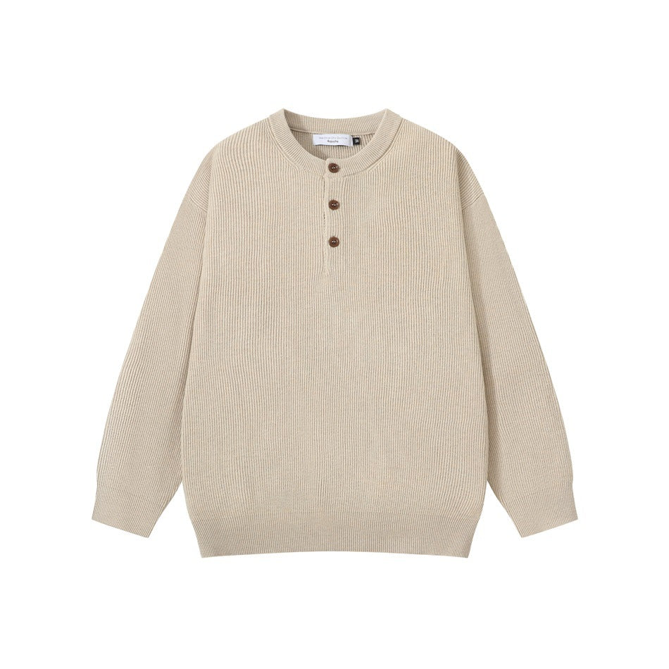 Apricot beige ribbed knit henley sweater with three brown buttons, flat lay front view