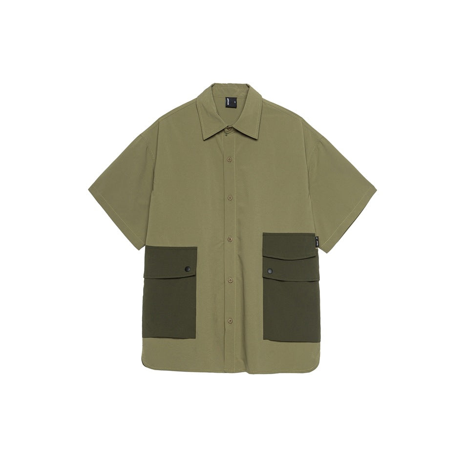 Khaki green short-sleeve button-up shirt with two large dark olive flap pockets, flat front view