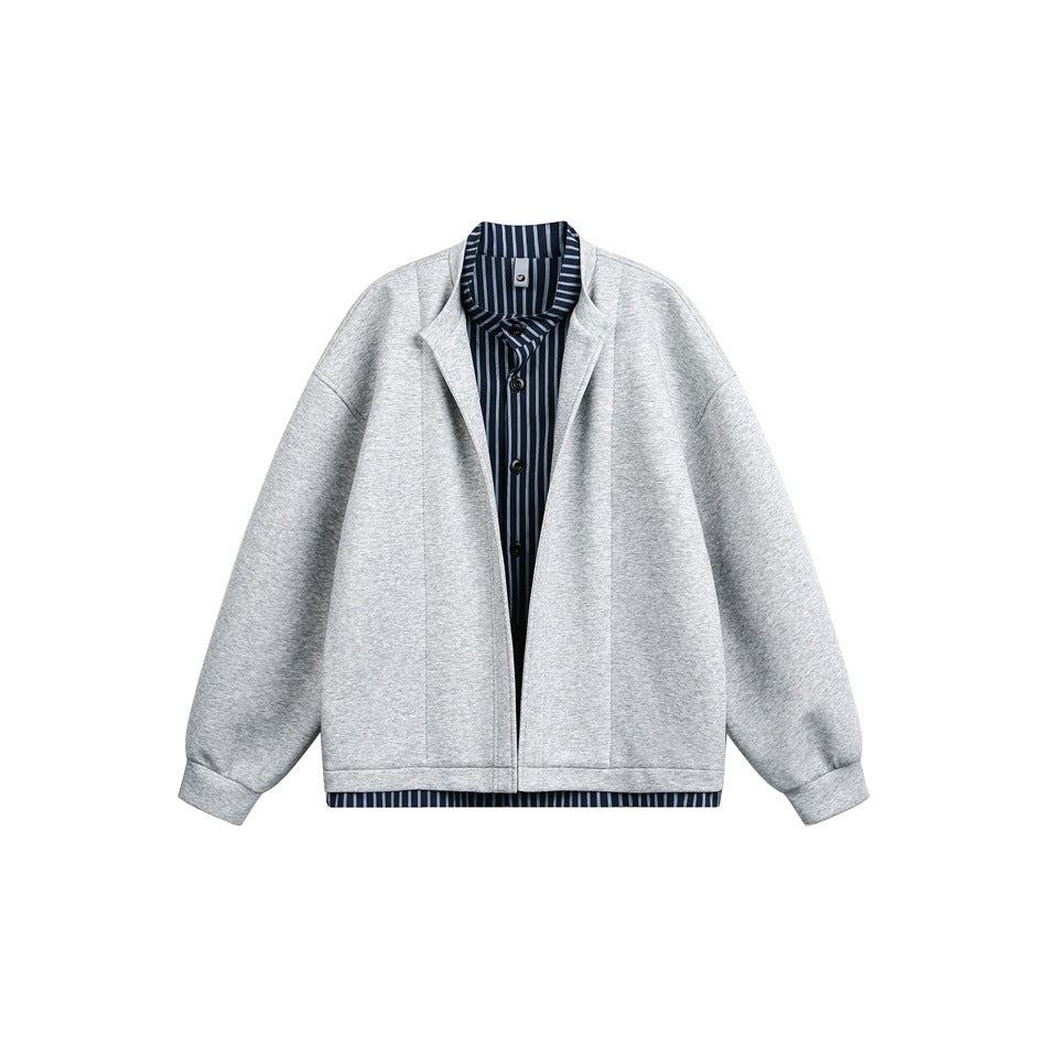 Heather gray open-front jacket with stand collar over a navy and light blue striped button shirt layer