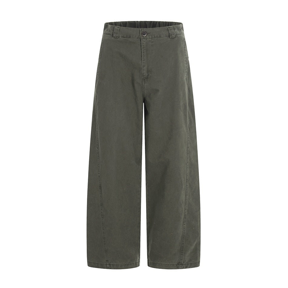 Army green-gray wide-leg pants flat lay, front view with button fly, belt loops and curved leg seams