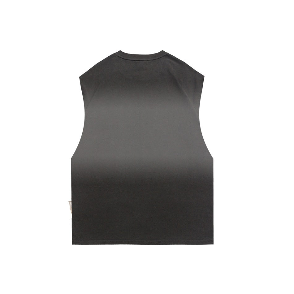 Back view of a plain charcoal sleeveless crew-neck shirt laid flat against a white background.