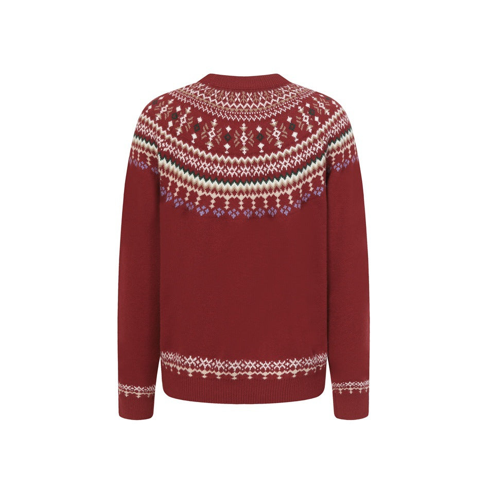 Back view of burgundy knit sweater with patterned yoke, hem band and cuffs on white background